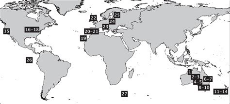 world map showing  locations   reviewed studies  habitat