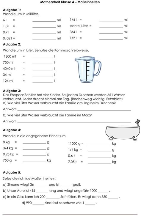 klassenarbeit zu groessen und masseinheiten schule mathe