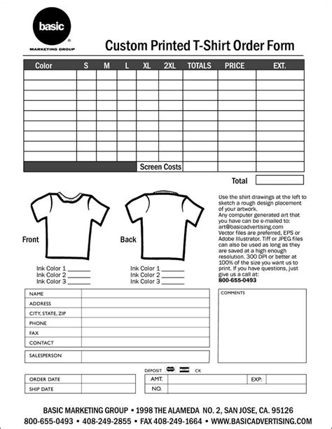 free t shirt order form template download order form