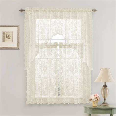 country chic complete floral lace kitchen curtain tier swag valance set beige walmartcom