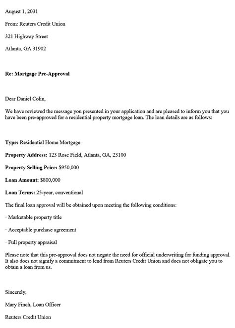 mortgage pre approval letter sample  template