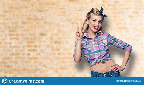pin up girl excited happy woman showing victory retro and vintage