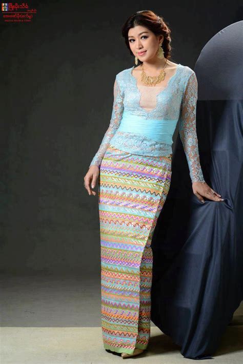 104 Myanmar Burmese Traditional Lace Dresses Fashion 2d