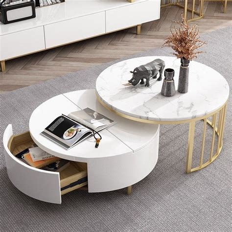Modern White And Walnut Round Coffee Table With Storage Wood Rotating