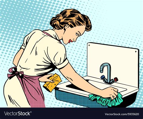 woman cleans kitchen sink cleanliness housewife vector image