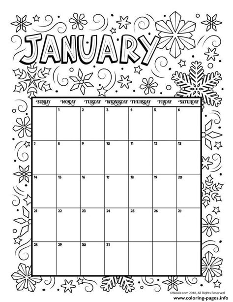 january coloring calendar  coloring page printable