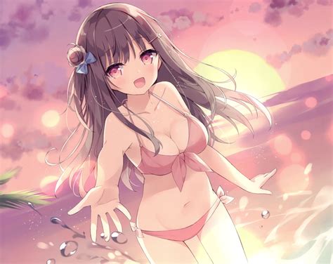 bikini breasts brown hair cleavage clouds hoshi snacherubi long hair