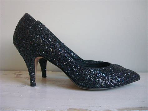 vintage glitter heels  fayva  sparkle pumps black glitter pumps usa size