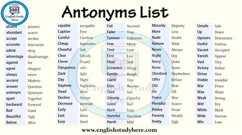 antonyms list english study