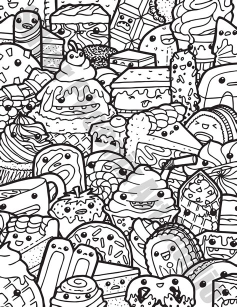 kawaii sweets doodle adult coloring page printable digital