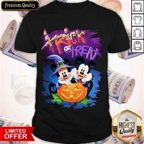 Nice Minnie And Mickey Mouse Trick Or Treat Happy Halloween Shirt 510x510