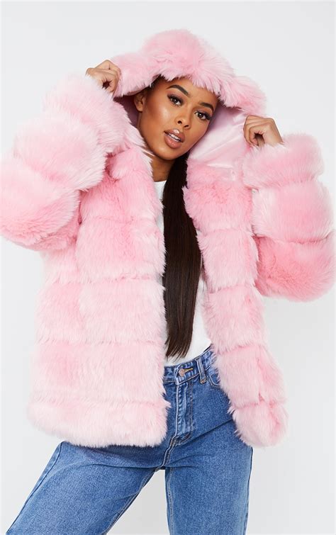 pink premium hooded faux fur bubble coat prettylittlething usa