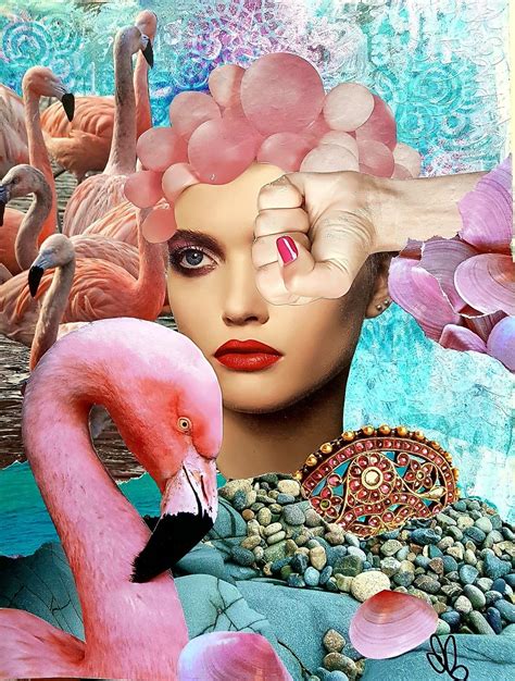 collage  flamingos   womans face  pink flowers   head