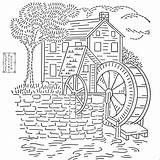 Embroidery Coloring Pages Hand Patterns House Old Template Watermill Modern Vintage Pattern Buildings Mill sketch template