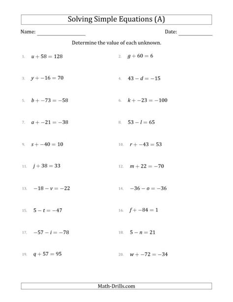 linear equations   variable class  worksheets  kidsworksheetfun