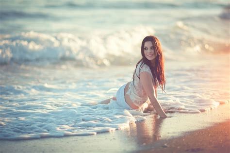 Wallpaper Sunlight Women Model Sunset Sea Shore