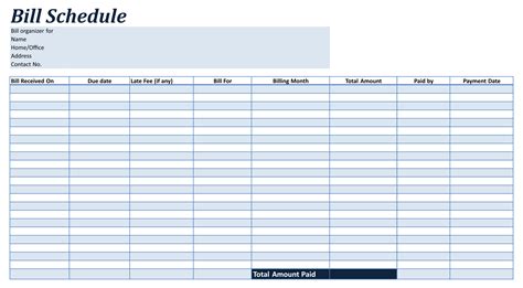 printable bill payment schedule template excel calendar template