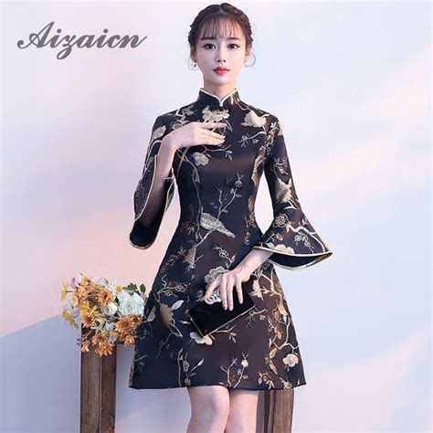 2019 2018 Modern Chinese Dress Qipao Black Bell Sleeve Elegant Satin