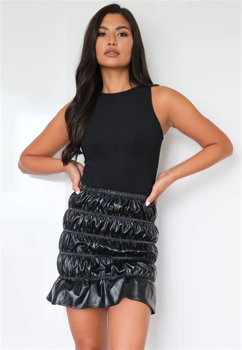 missguided faux leather shirred mini skirt in black lyst