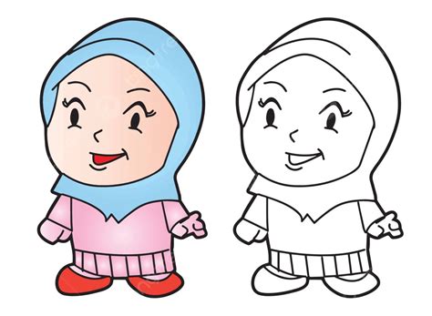coloring melayu muslim girl vector illustration happy  religion