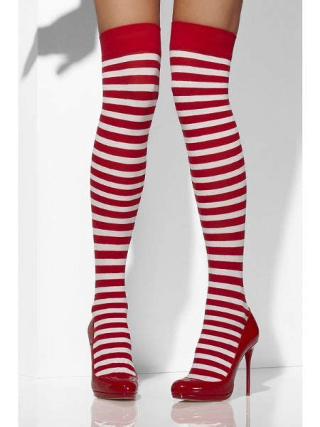 Ladies Fancy Dress Stockings Hot Red White Striped 42768
