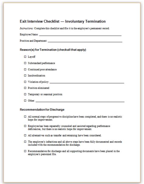 this sample checklist may be used by an employer when conducting an exit interview for an
