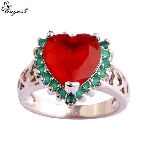 Lingmei Heart Love And Green Silver Color Ring Size 6 7 8 9 10 11 12