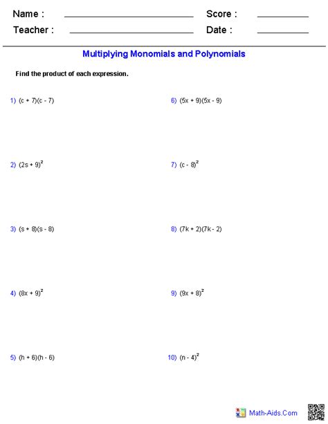 algebra  worksheets monomials  polynomials worksheets