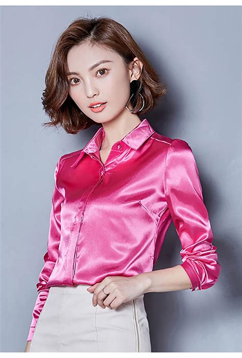 2019 women silk satin blouse button long sleeve white blue