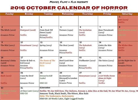 oct horrorfilm calendar october calendar film horror films