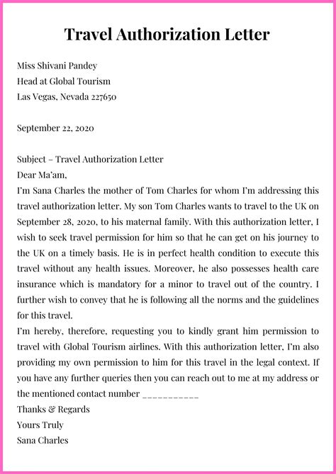 travel authorization letter sample  examples template