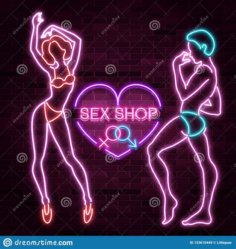 Sex Shop Banner Advertisement With Neon Silhouette Of Man And Woman