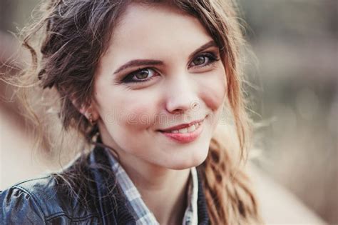 Outdoor Close Up Portrait Of Young Beautiful Woman With Natural Make Up