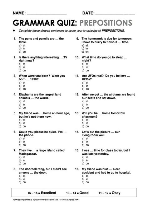 prepositions grammar quiz handout pinterest grammar quizes