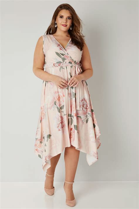 yours london pink and multi floral wrap dress with hanky hem
