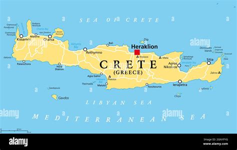 crete greek island political map  capital heraklion largest island  greece