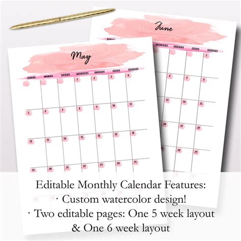 Calendar Template Planner Printable Monthly Planner Pages Etsy