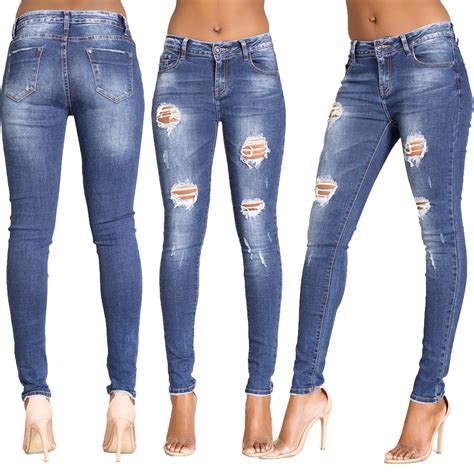 womens ladies high waisted blue skinny fit jeans stretch denim jegging