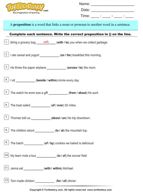 fill   blanks  correct prepositions worksheet turtle diary