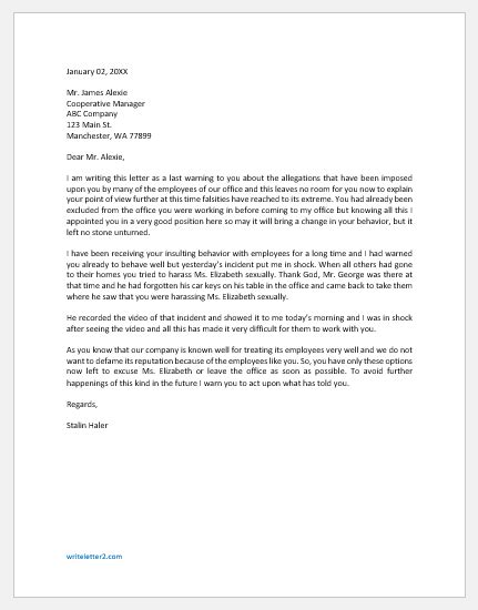 warning letter  employee  harassment writelettercom