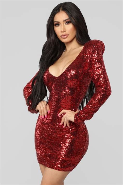 Here To Shine Sequin Dress Red Long Sleeve Sequin Dress Long