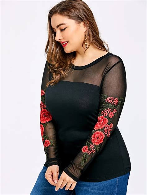 embroidery sheer long sleeve  shirt women summer tops  size casual