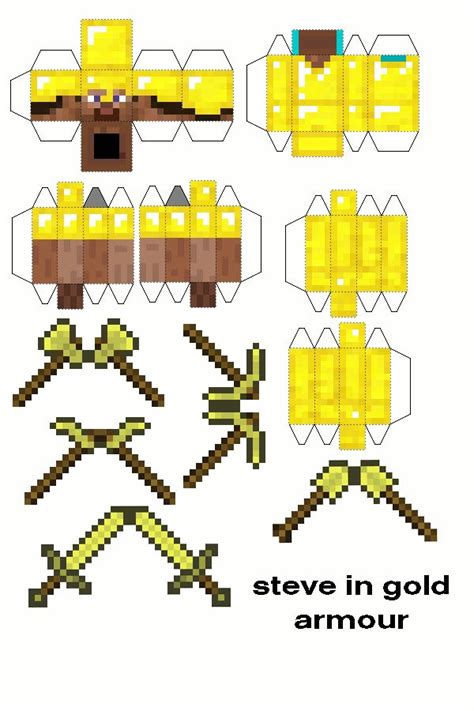 Papercraft Steve In Gold Armour With Tools Gold Armor