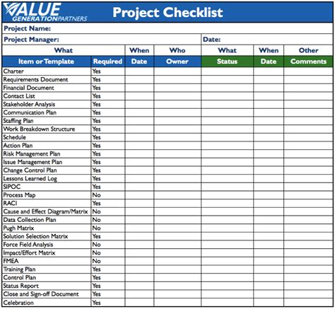 project management checklist template generating