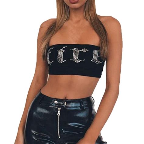 women crop tops vest fashion word shoulder hot drilling wrapped chest