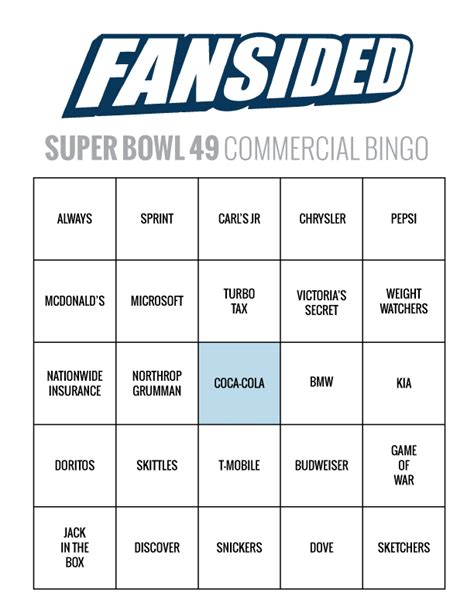 Super Bowl 2015 Commercial Bingo