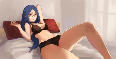 Bed Blue Hair Bra Glasses Little Witch Academia Navel