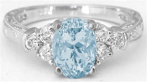 aquamarine  diamond ring   white gold  ornate engraving gr