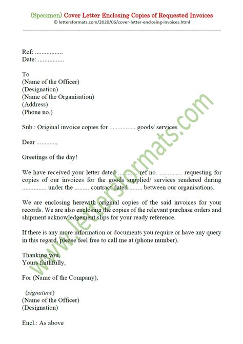 sample cover letter enclosing copies  requested invoices