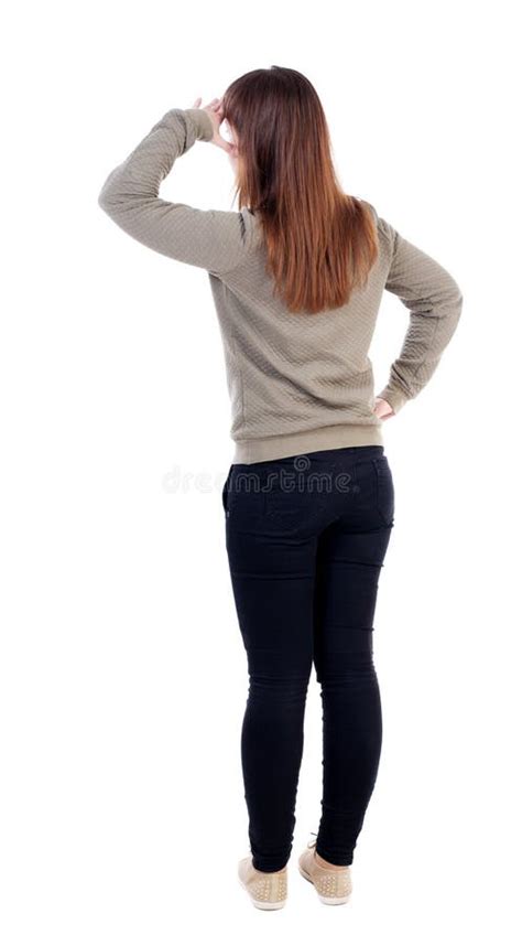 view  standing young beautiful woman stock image image  rear isolated